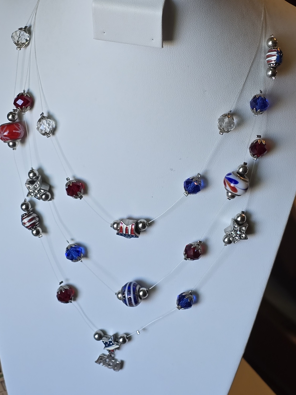 Patriotic Red, White & Blue Beaded Multi-Strand Necklace